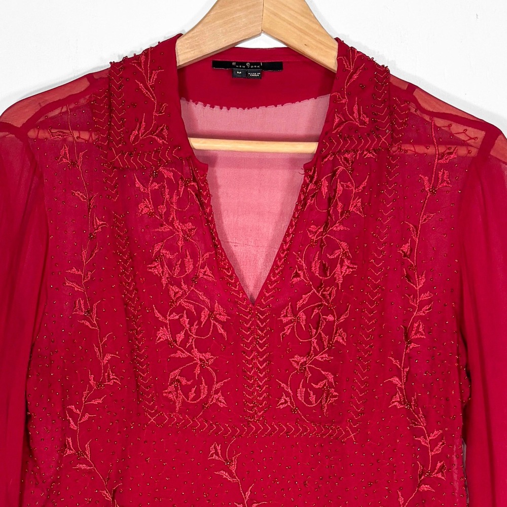 VTG Y2K ECI NY Sheer Silk Embellished Top Size M Red Chiffon Romantic Fairy